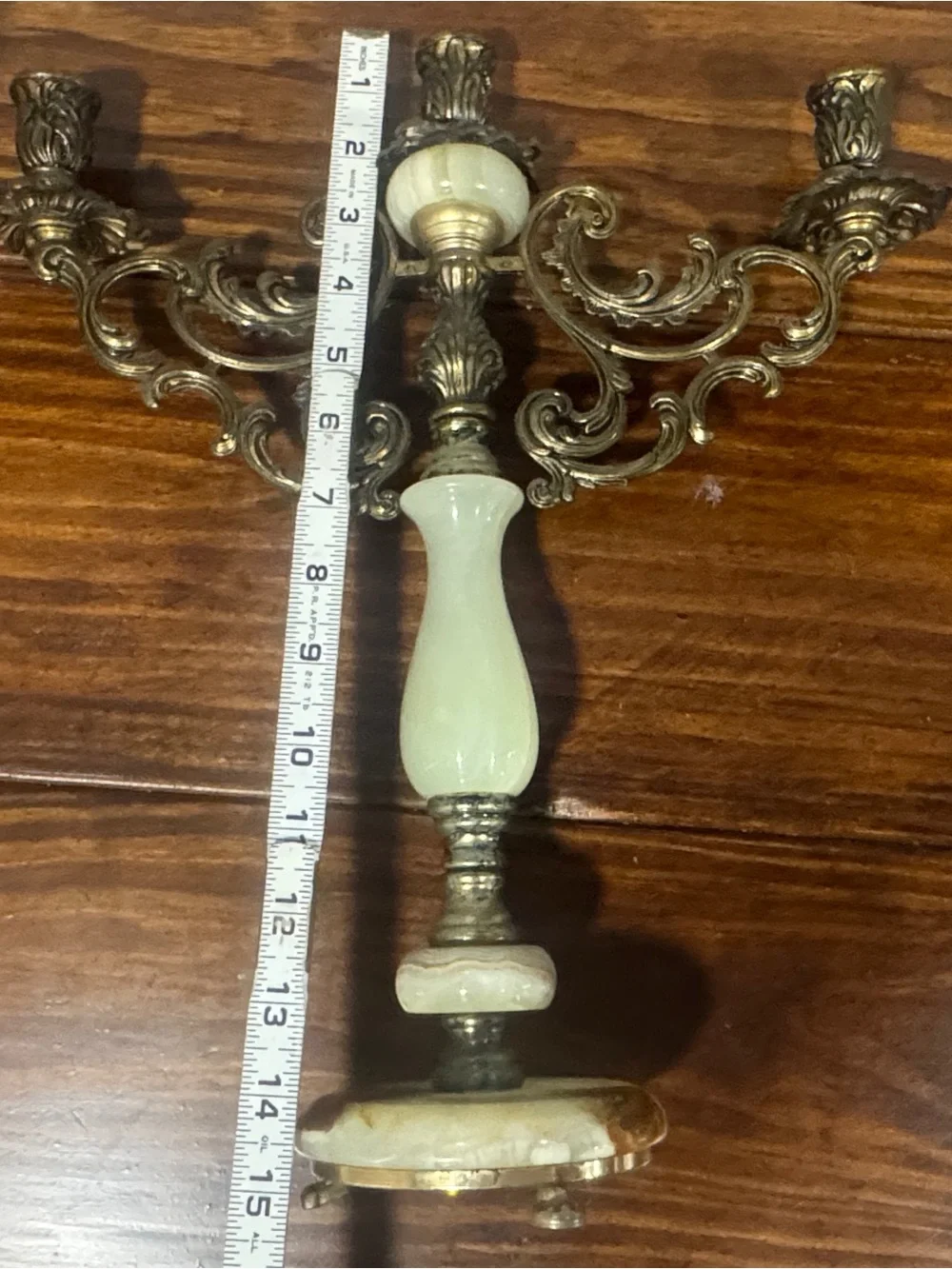 Antique Brass and Cream Marble 3-Arm Candelabra